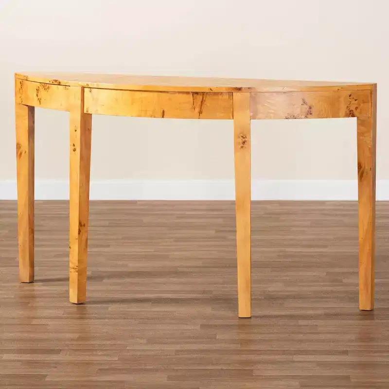 Real Burl Wood Half Moon Console Table, Light Mappa Burl, Tapered Legs, Fully Assembled, 60