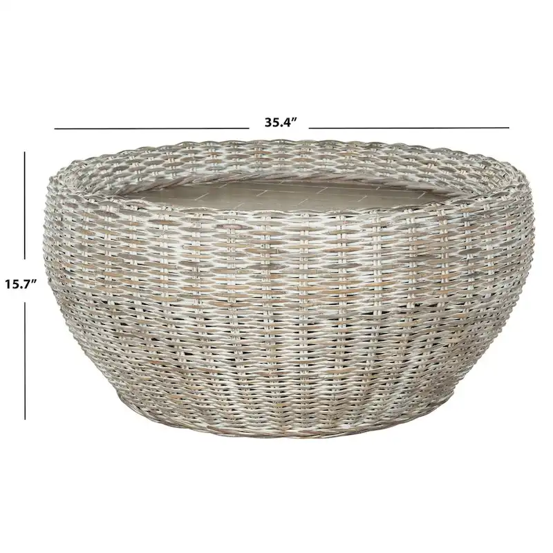 SAFAVIEH Alfia Wood Top Wicker Drum Coffee Table - 35.4 x 35.4 x 15.7 - 35Wx35Dx16H