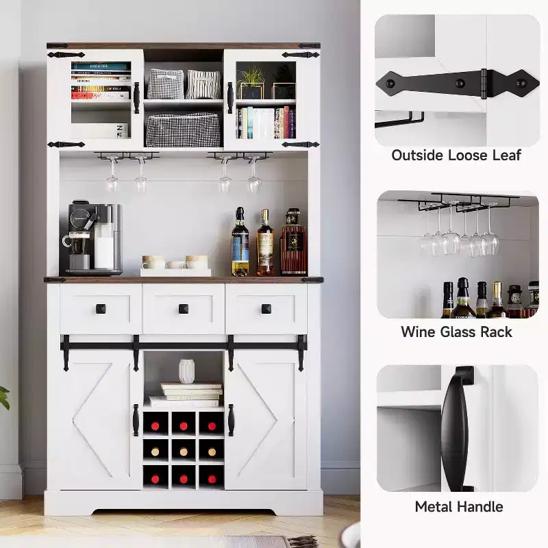 72-Inch Tall Coffee Bar Cabinet, 2 Sliding Barn Doors, 3 Drawers, Wine & Glass Rack, Pantry Storage
