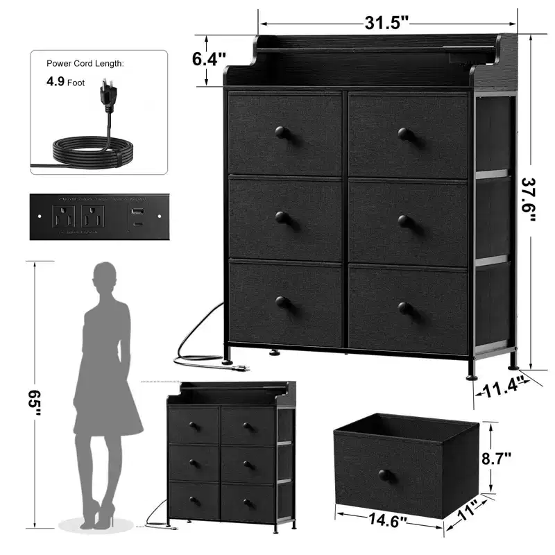 Hausource 6 Drawer Dresser with Charging Station, LED Lights, Tall Storage Chest with Wooden Top