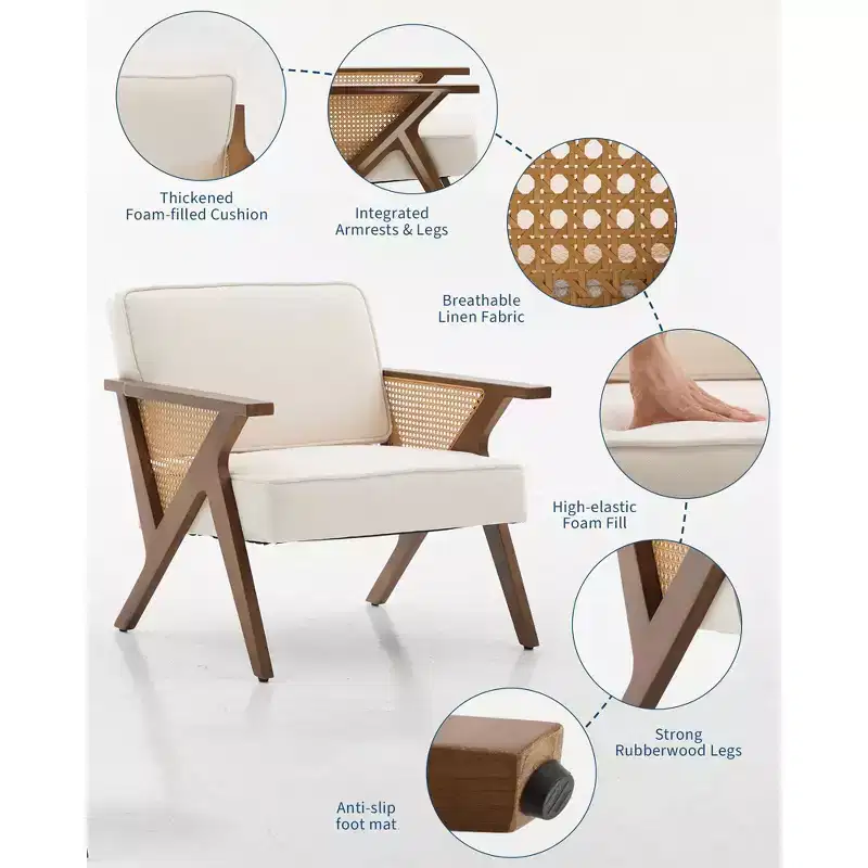 Mid-Century Modern Accent Chair, Firm Wood Legs, Linen Fabric, for Living Room, Bedroom