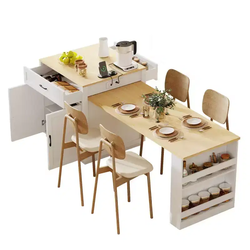 Kitchen with Dining Table, Kitchen Table with Outlet,2 Drawers 2 Side Shelves