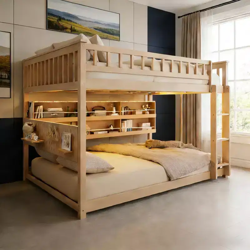 Full Over Full Modern Low Bunk Bed with Storage Lighted Shelves and Pegboard