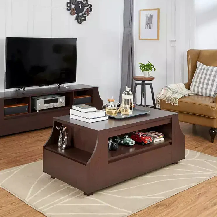 Contemporary Multi-Storage Coffee Table with Side Shelves, Walnut