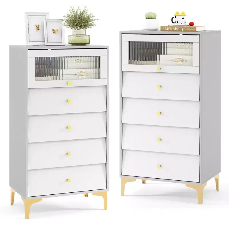 Costway 2 PCS 4 Drawer Dresser 44.5 Tall Dresser Chest of Drawers w/Flip-up Fluted Glass Door