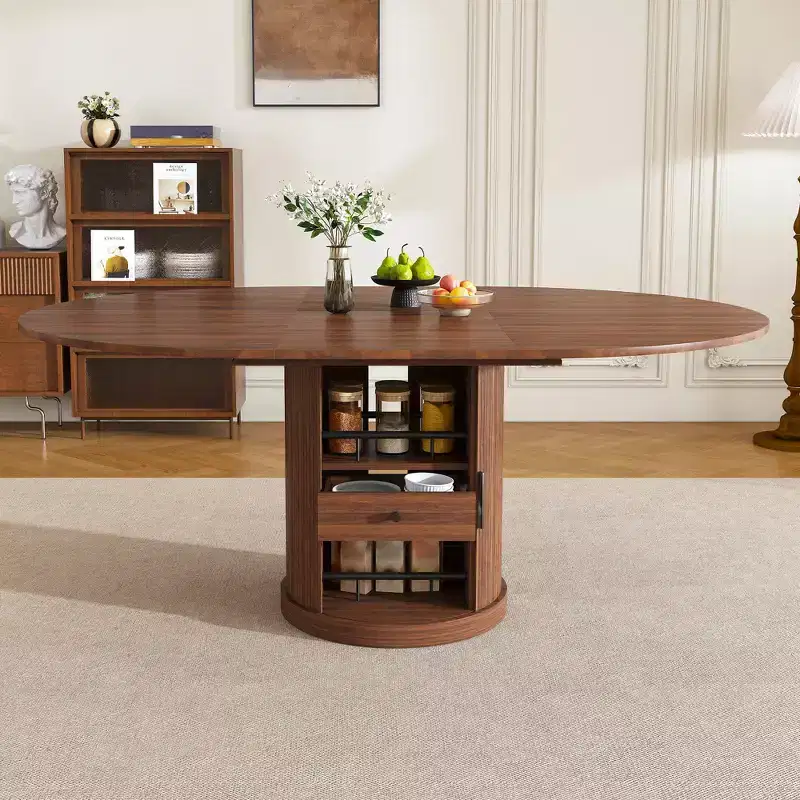 JVNOXK 59-inch extendable oval dining table with two-tier storage, seats 4-6 people, includes base, suitable for dining rooms and living rooms, walnut