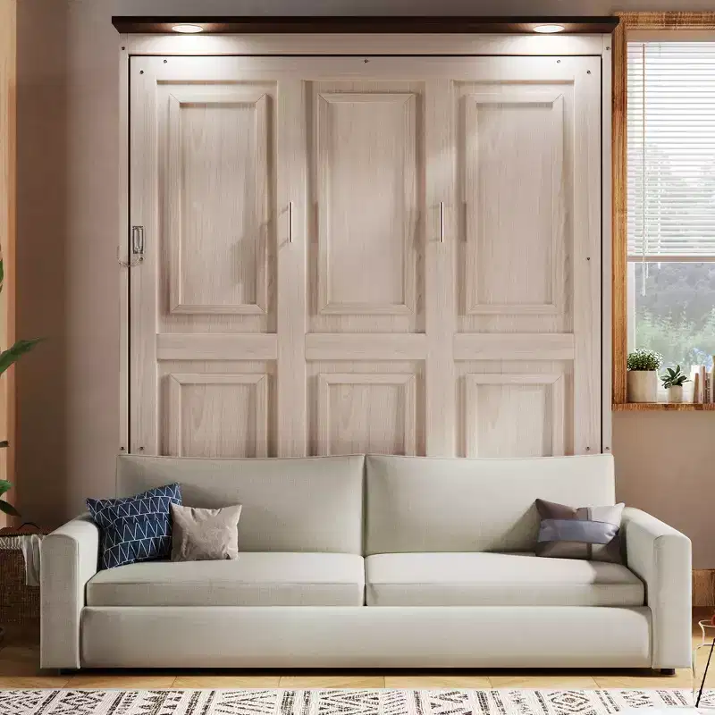 Queen Size Murphy Bed with Sofa and LED Lights – Beige