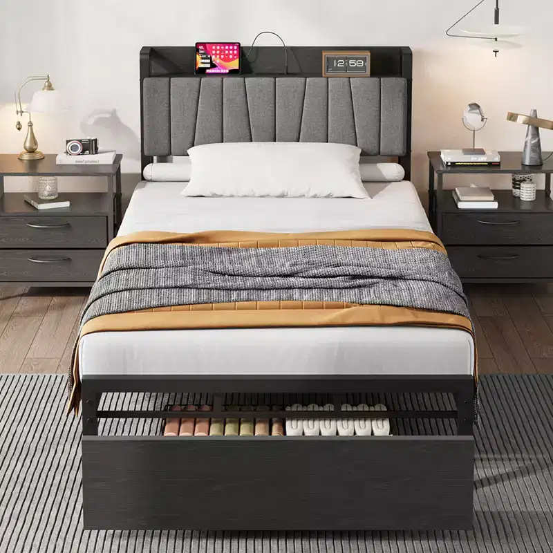 Twin Size Bed Frame with Storage Headboard, Black Twin Platform Bed with Large Drawer and Charging Station, Industrial No Box Spring Needed Bedframe
