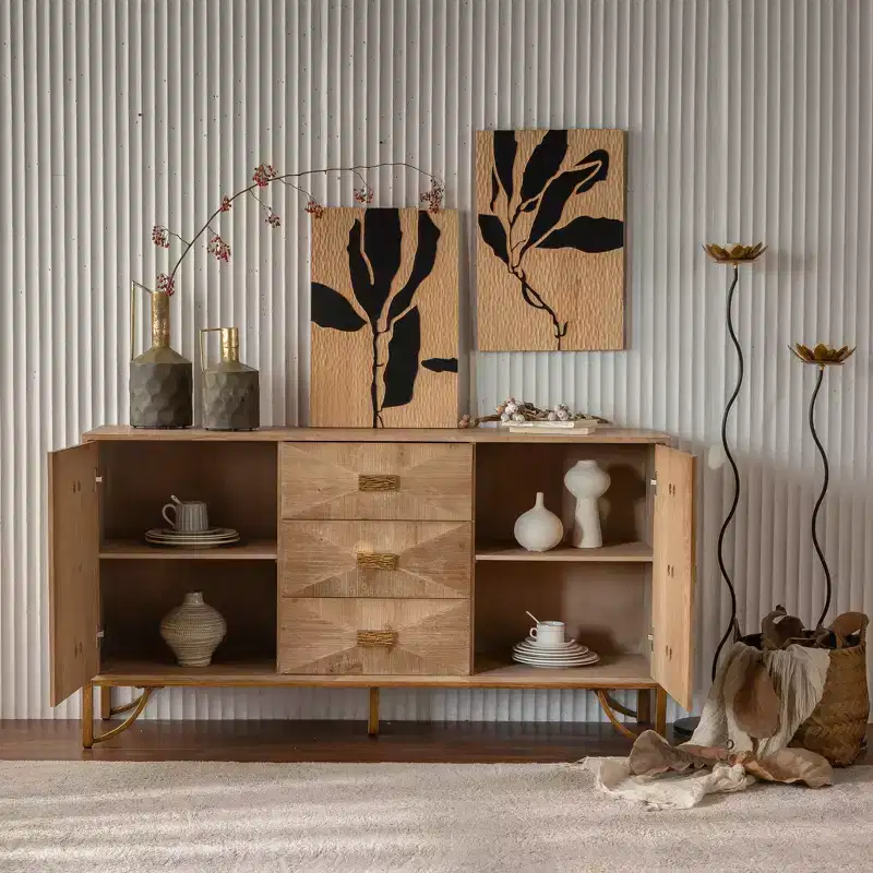 59.44-inch Wooden Sideboard, Three-Drawer Storage Cabinet with Geometric Relief, Suitable for Dining Rooms, Wood-Tone Finish