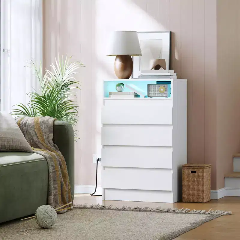 Modern 4 Drawer Dresser with LED Light and Charging Station, White Storage Chest with Power Outlet, Accent Double Dresser