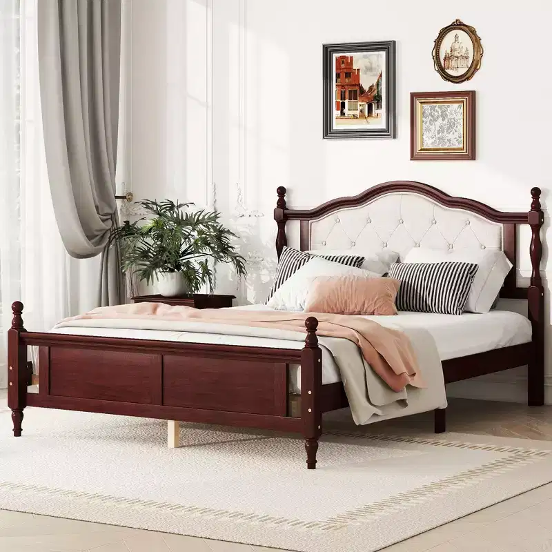 Queen Pine Wooden Bed with Upholstered Headboard and Panel Footboard
