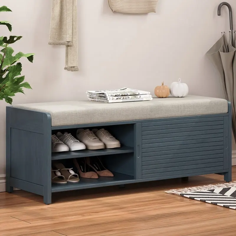 Shutter-Style Storage Bench with Acacia Veneer Seat – White / Grey / Espresso / Navy / White Washed, 1-Person Seating