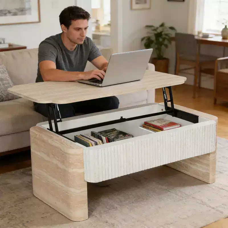 Modern Wood Lift-Top Coffee Table with Fluted Panels and Storage Drawers
