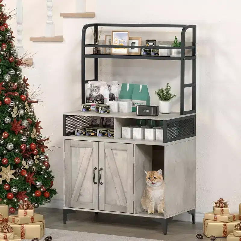 Cat Litter Box Enclosure with Shelves, Large Hidden Litter Box Furniture with Storage Compartments for Indoor Cats
