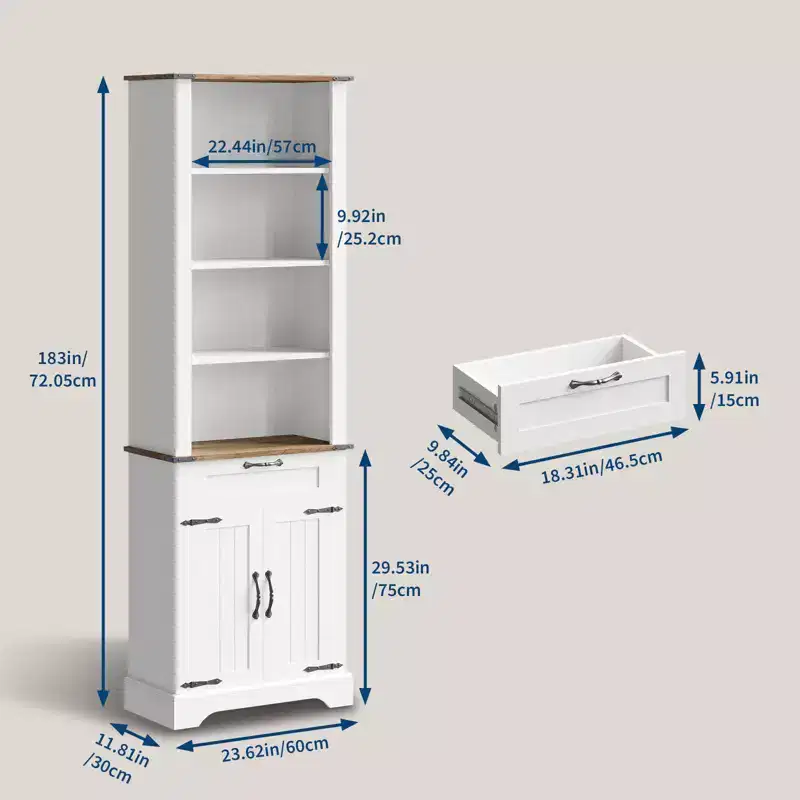 72 Tall Farmhouse Bookcase, Wooden Bookshelf with Storage Cabinet and Drawer, 4 Tier Display Cabinet with Barn Door and Adjustable Shelf