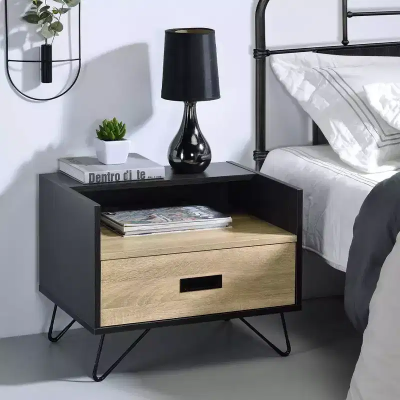 Accent Side Table with Storage Drawer – Oak & Black Finish