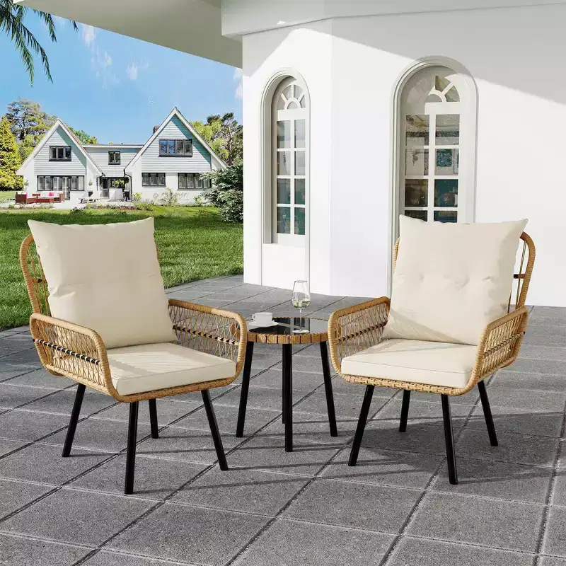 3-Piece PE Rattan Patio Furniture Set Outdoor, Waterproof UV-Resistant Wicker Chairs & Coffee Table, Cushioned Conversation Set for Garden, Balcony