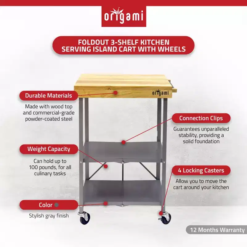Origami Foldable Kitchen Island Cart, Wheeled Rolling Storage Cart with Shelves, Portable Prep Table for Kitchen, Dining Rooms, and Patios