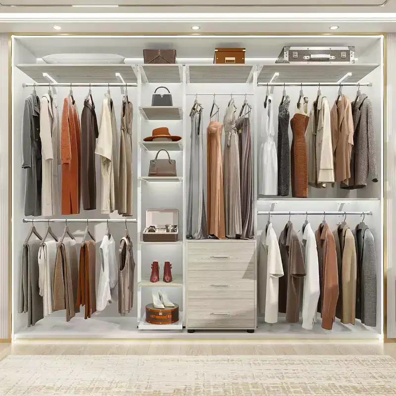 Closet Organizer System with Tower Shelving, Heavy-duty Clothing Rack with Wood Drawers