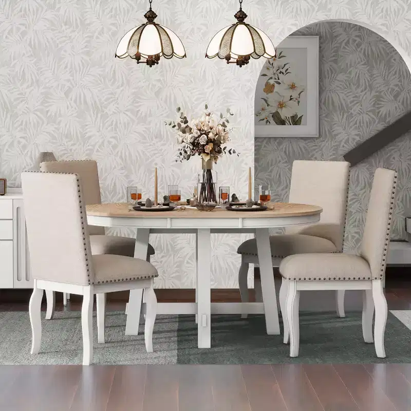GDFStudio Dana 5 Piece Dining Table Set with Round Extendable Table and Upholstered Chairs