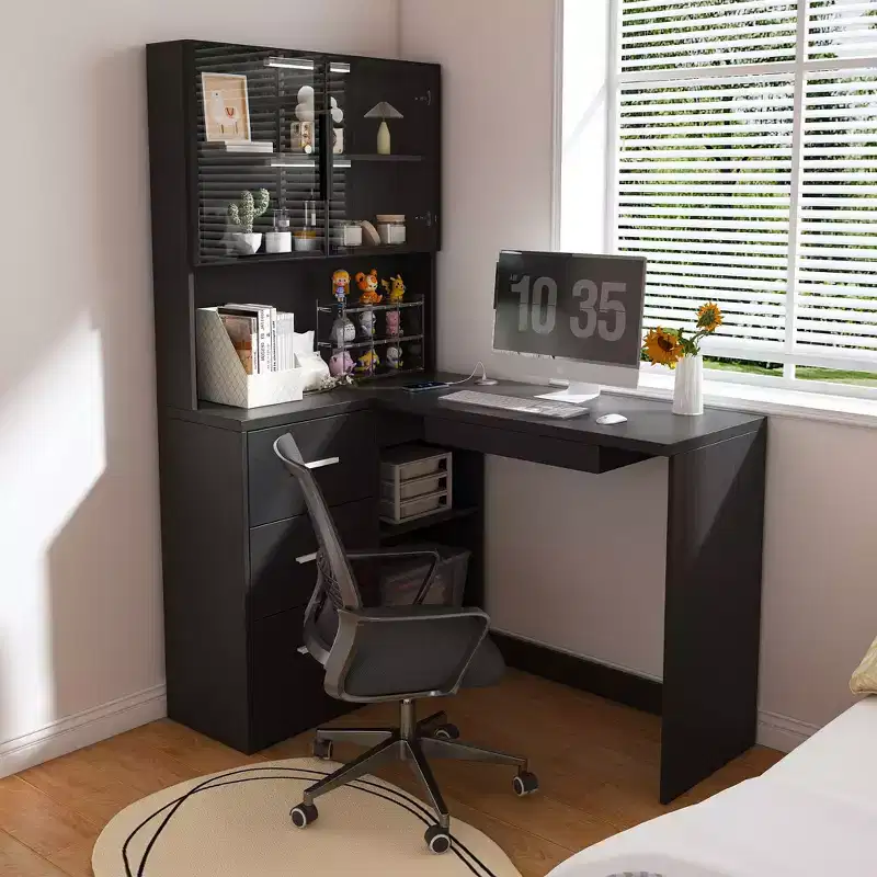 Okak 43.31IN Modern L Shaped Desk with Glass Cabinets, Corner Desk with Storage Shelves and Keyboard Tray, Computer Desk for Home, Office