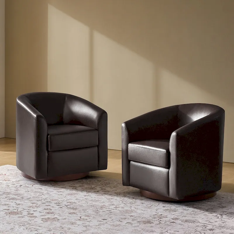 Haley Modern Swivel Barrel Faux Leather Chair with Solid Wood Base Set of 2