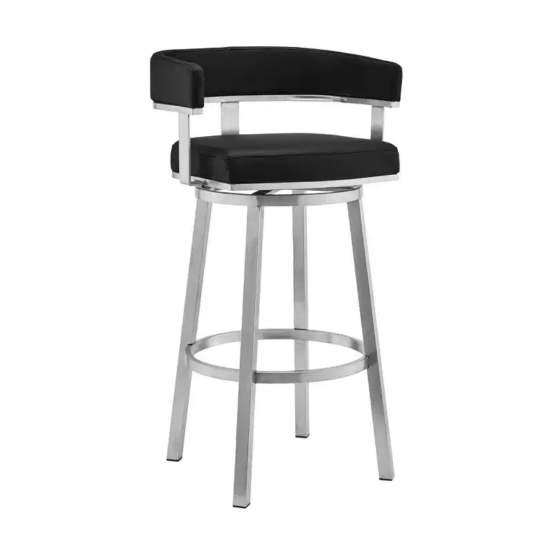 HomeRoots 26 Black And Silver Faux Leather And Iron Swivel Low Back Counter Height Bar Chair