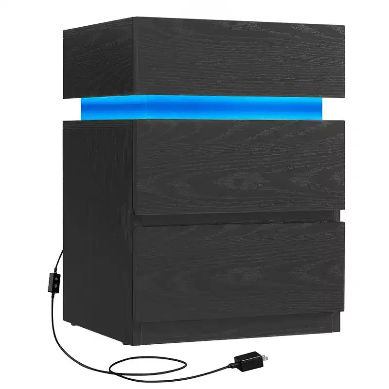 VASAGLE Nightstand with LED Lights, Adjustable Light Colors, Bedside Table, Side Table with 3 Drawers, 13.8 x 15.7 x 21.7 Inches