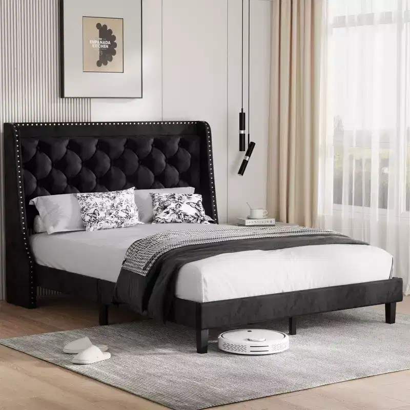 Celebalcony Bed Frame with Wingback Headboard, Queen Size Bed Frame with Tufted and Velvet Fabric, Wood Slats Support, No Box Spring Needed, Black