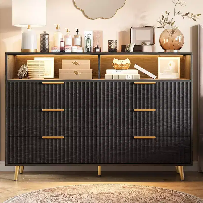 Modern 47.2 Wide 6 Drawers Dresser for Bedroom with LED Lights and Charging Station, Black