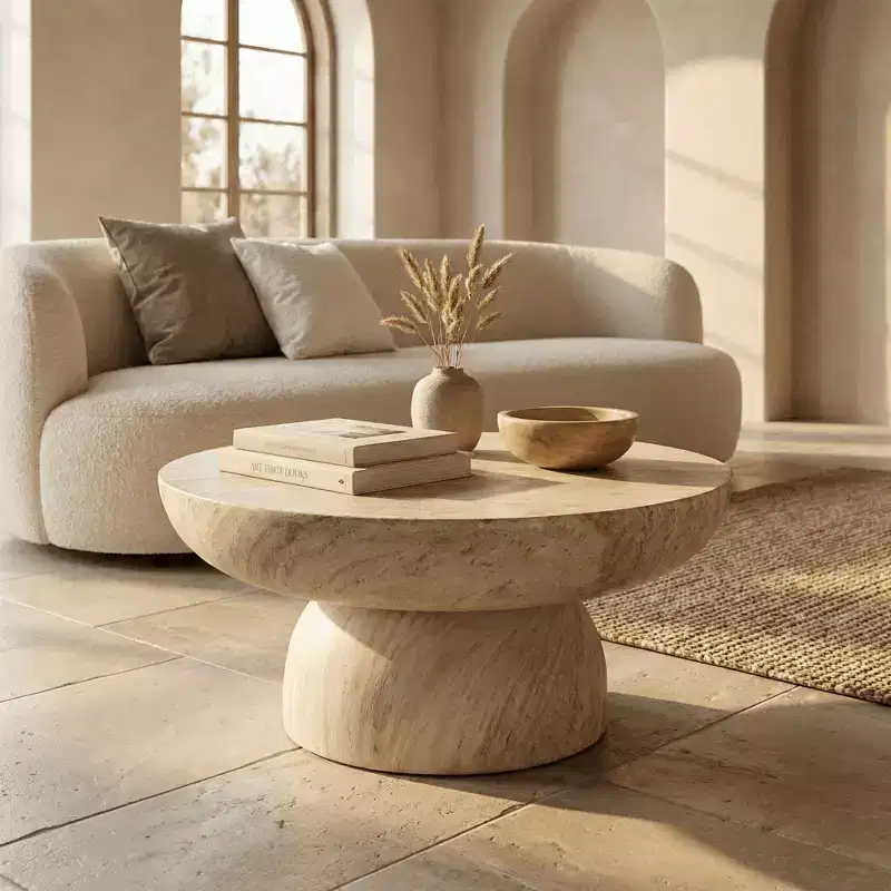 LeisureMod Lunexa Round Coffee Table  Fiberstone Pedestal Accent Table for Indoor or Outdoor Use, Sculpted Design with Anti-Slip Foot Pads