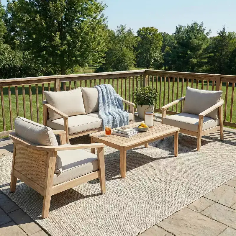 Christopher Knight Home Ferna Modern 4 Piece Patio Acacia Wood Seating Set with Wicker Design and Slatted Table