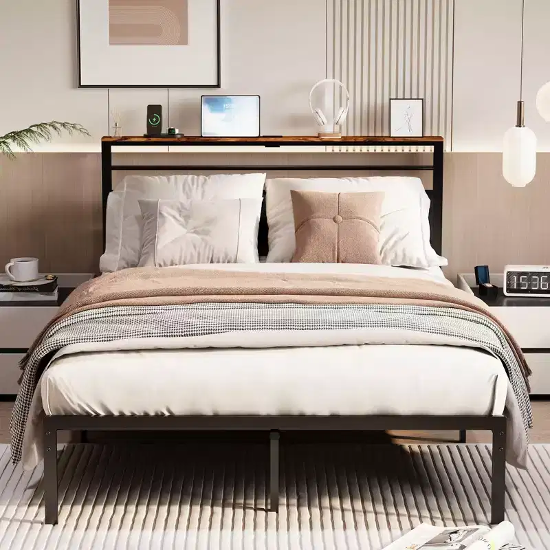 Full Size Bed Frame with Charging Station, Metal Slats, Upholstered Headboard with Storage, No Box Spring Needed