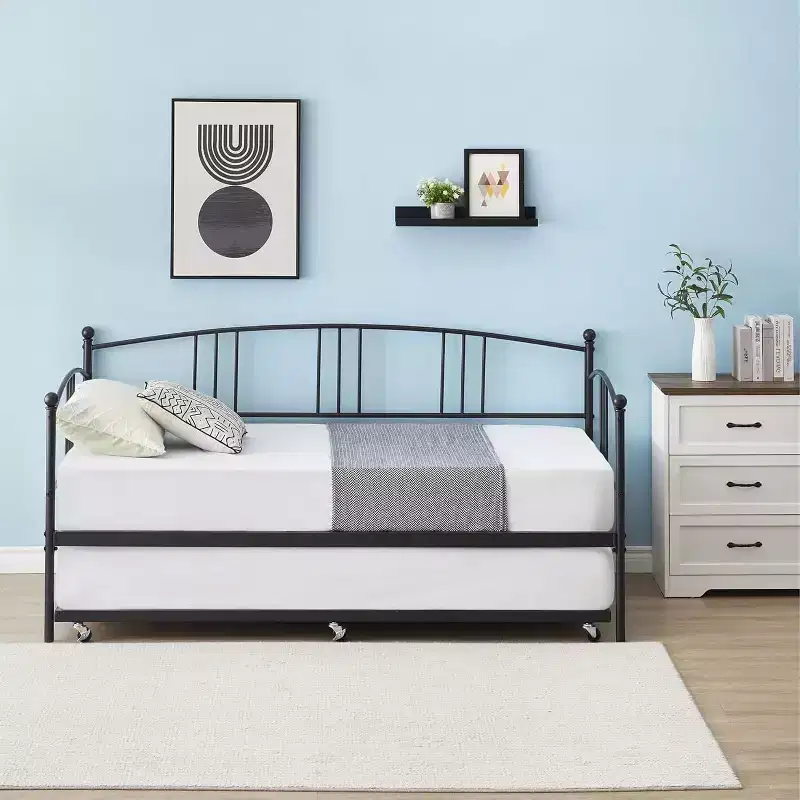 Twin Daybed with Trundle – Metal Frame Sofa Bed with Pull-Out Trundle