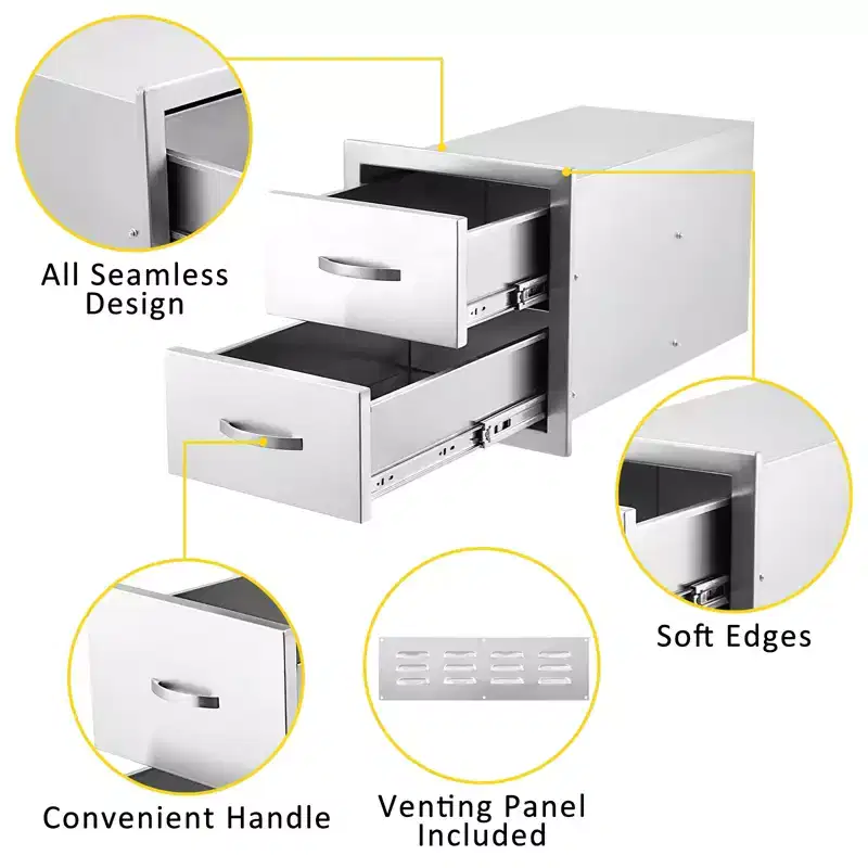 Outdoor Kitchen Drawer with Divider,Stainless Steel Flush Mount Single BBQ Drawer,Built-In Access Drawer with Venting Panel for Kitchen Island