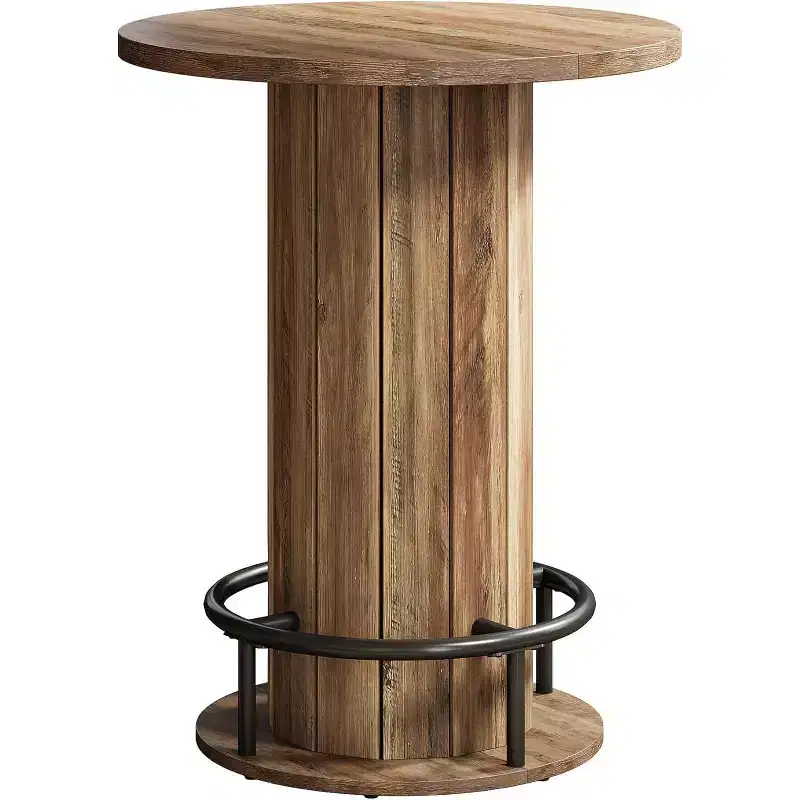 Lantine 39.4 H Round Bar Table, Wood Bistro Pub Table with Metal Ring Footrest for Dining Cocktail Living Room, Small Space,(Only Table)
