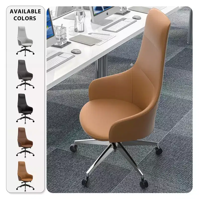 LeisureMod Celeste High-Back Leather Office Chair with Headrest - Modern Iron Frame Swivel & Tilt Executive Desk Chair