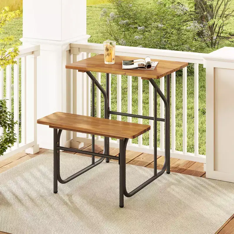 Costway 1/2 PCS Patio Table Bench Set One-Side Picnic Table & Seat with Acacia Wood Top Metal Legs