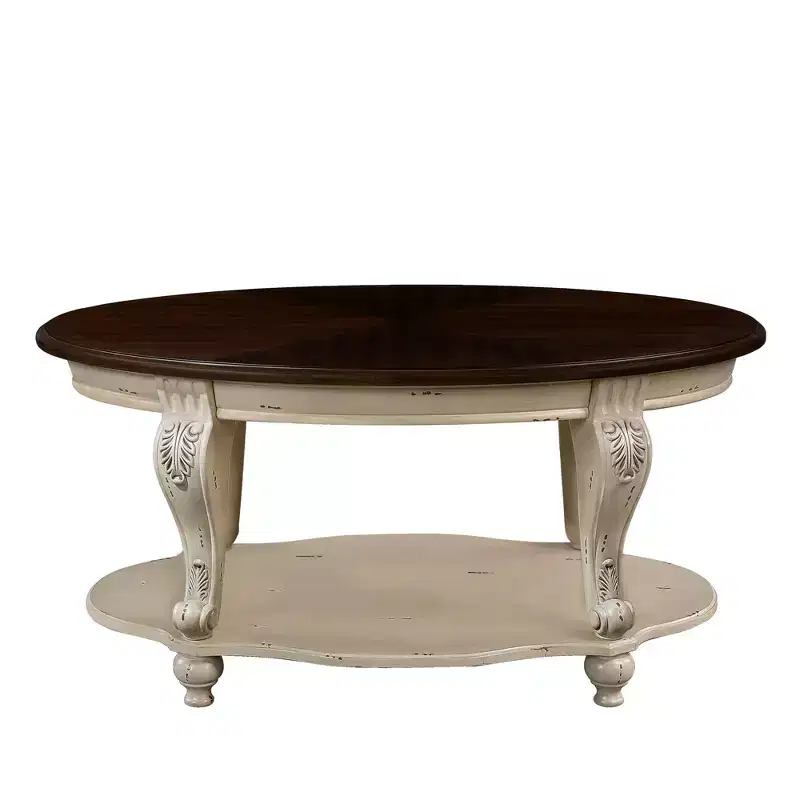 Hostack 42'' oval wood coffee table with 2-Tiers and Open Storage Shelf for Living Room, Beige and Espresso Top