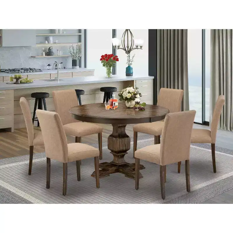 HomeStock Belmont 7 Piece Dining Table Set, Wooden Dining Table , 6 Light Sable Linen Fabric Kitchen Chairs , High Back - Distressed Jacobean Finish