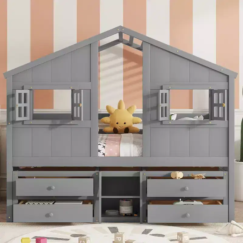 Whisen Full Size House Loft Bed with Roof, Windows, 4 Drawers and Guardrails for Children