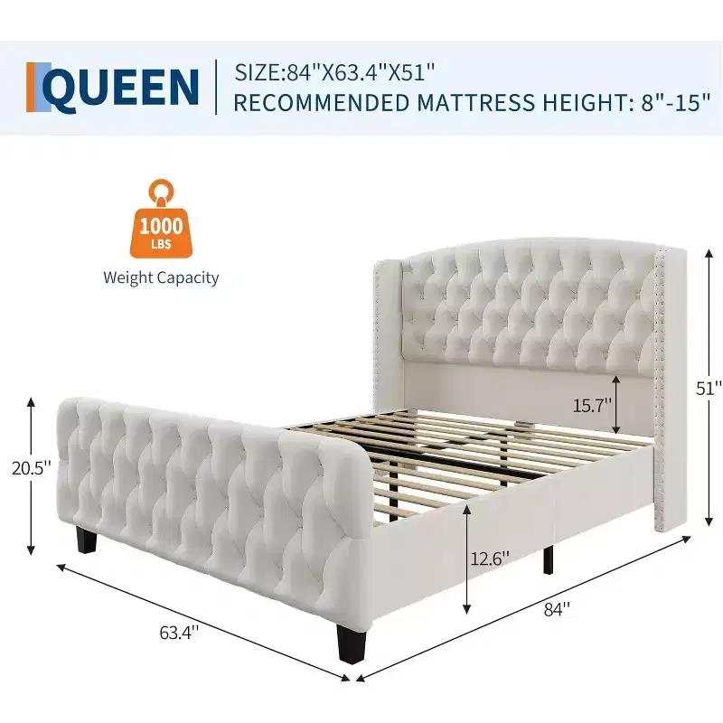 51 Tall Queen/King Size Bed Frame with Deep Button Tufted Wingback Headboard and Footboard, Velvet Upholstered Platform Bed Frame, Easy Assemble