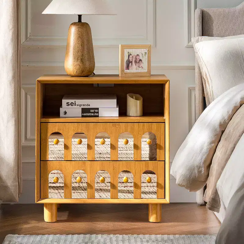 Nightstand with 2 Drawers, Mirror Fronts, and Built-in Charging Station