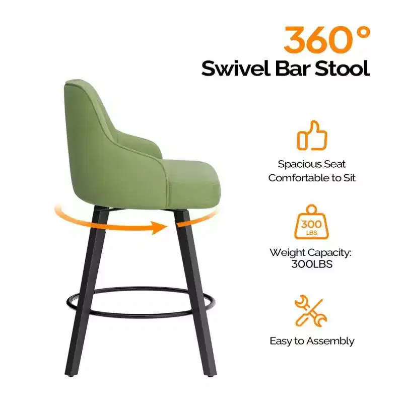 Thick Padded Cushion Wood Legs Modern Bar Stool With 360 Rotation