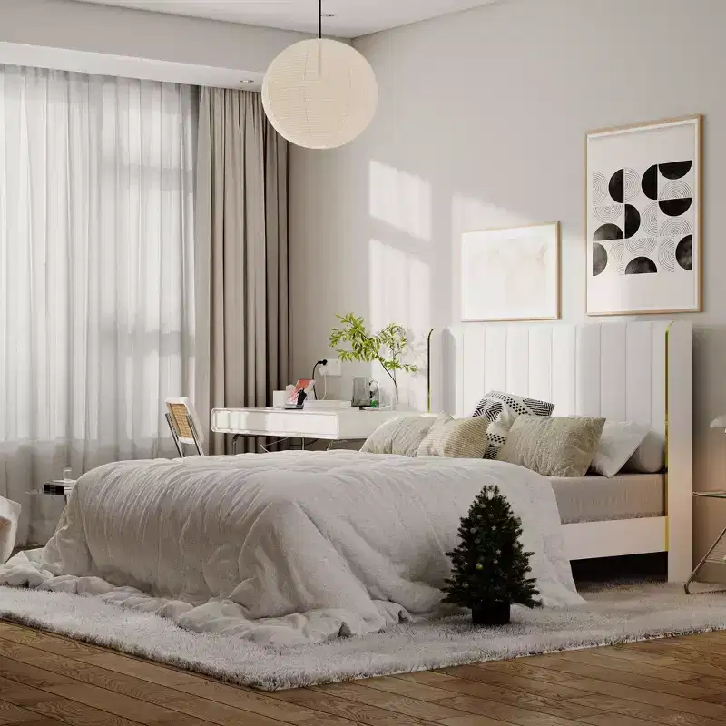 White Queen - Sized Sleek Mnimalist Bed Frame: Padded Backrest, Robust Structure, Golden Hued Luxury Legs, Constructing