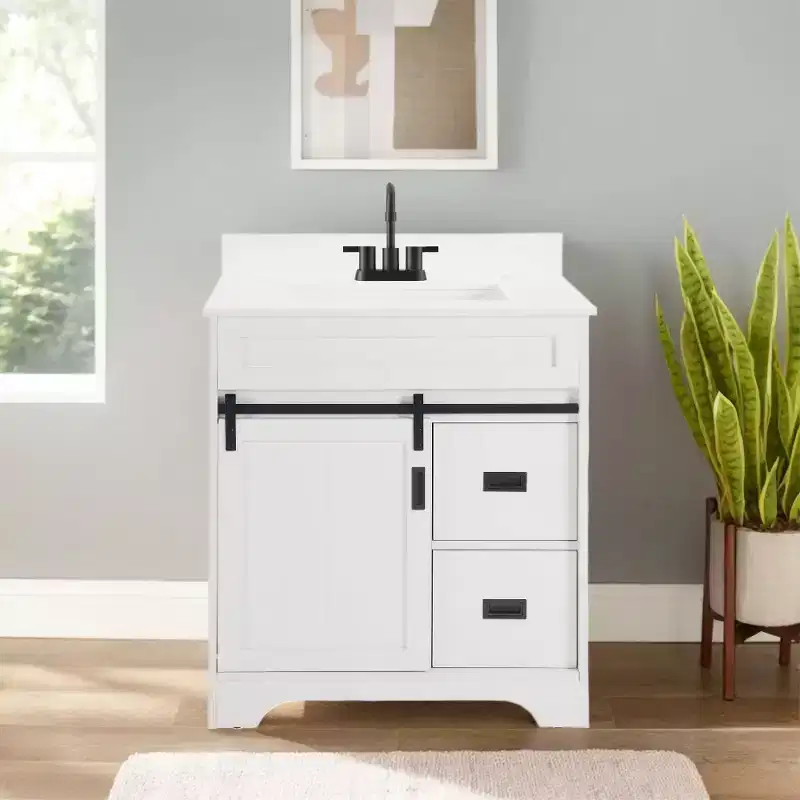 30 White Farmhouse Bathroom Vanity with Sliding Barn Doors, 2 Drawers, Freestanding Vanity with Protective Backsplash