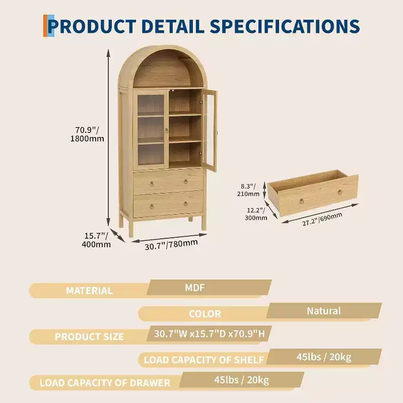 Arched Pantry Cabinet, 71 Farmhouse Display with Glass Doors & 2 Drawers, Adjustable Shelves for Kitchen, Dining Room, Bathroom
