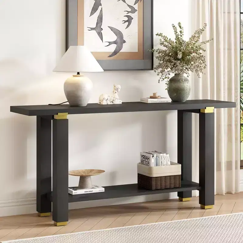 Minimalist Console Table with Storage, Wood Entryway Table with Open Shelf, Farmhouse Hallway Table