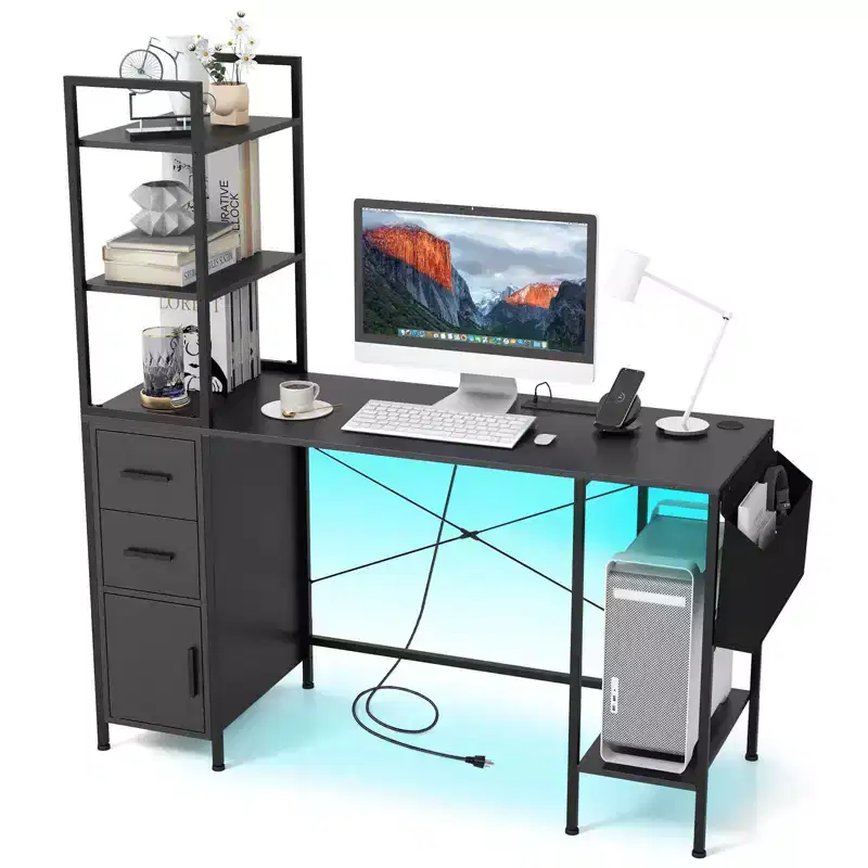 Office Desk with LED Lights & Power Outlets, Open Shelves and 2 Drawers Cabinet