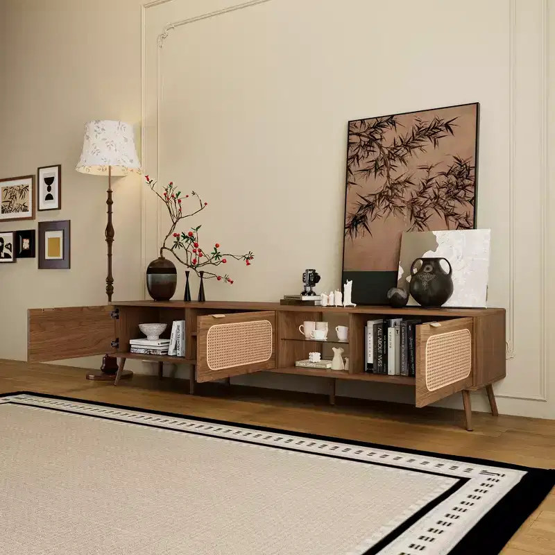 TV Stand for up to 85 TV, Entertainment Center with Open Shelves & Rattan Doors, Console Table, Walnut